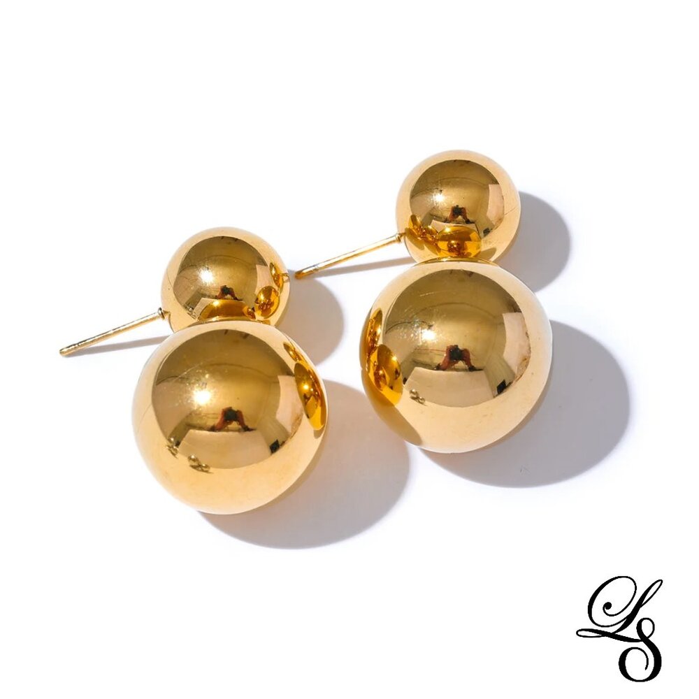🌟 New 18K Gold Double Sphere Elegant Dangle Earrings 🌟